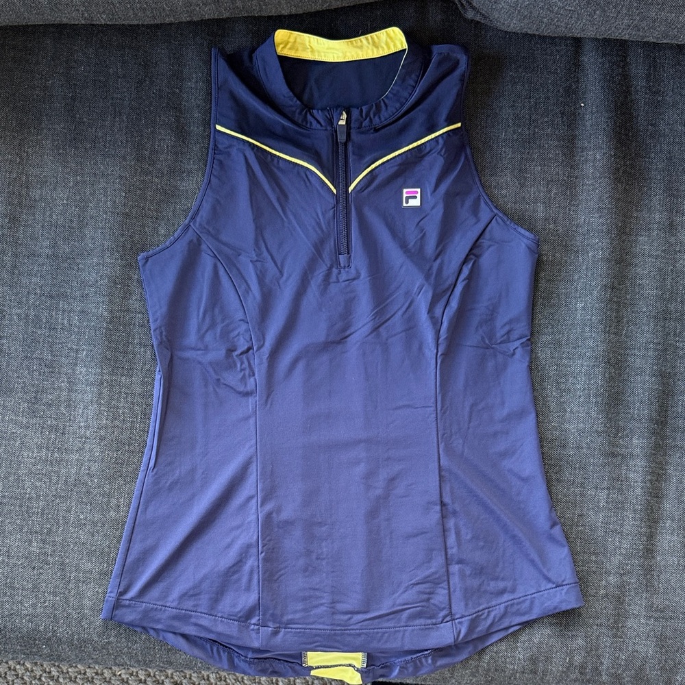FILA Women’s Navy Sleeveless Athletic Tank with Yellow Trim